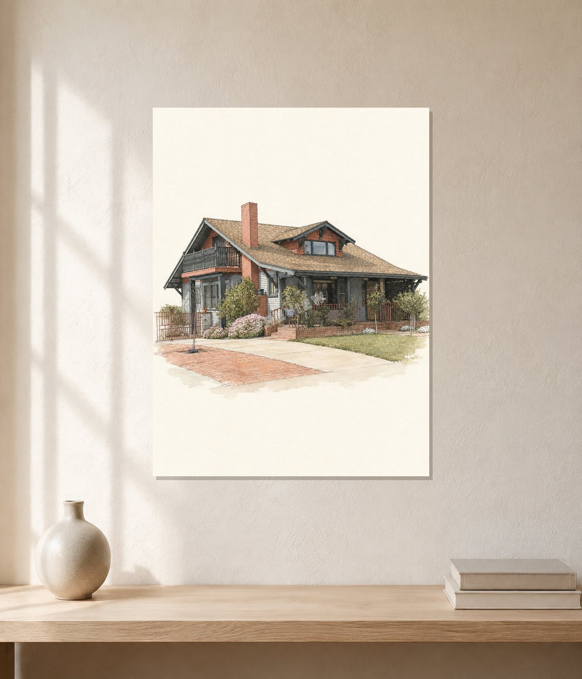 Room mockup showing an unframed watercolor-style print of a Craftsman house above a wooden console